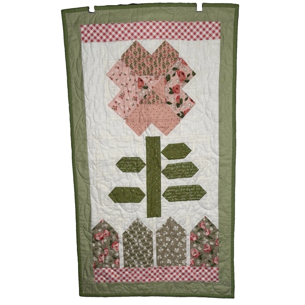 Artisan Quilt Wall Hanging 19"x35" Pink Sage Cream Cottagecore Nursery Farmhouse